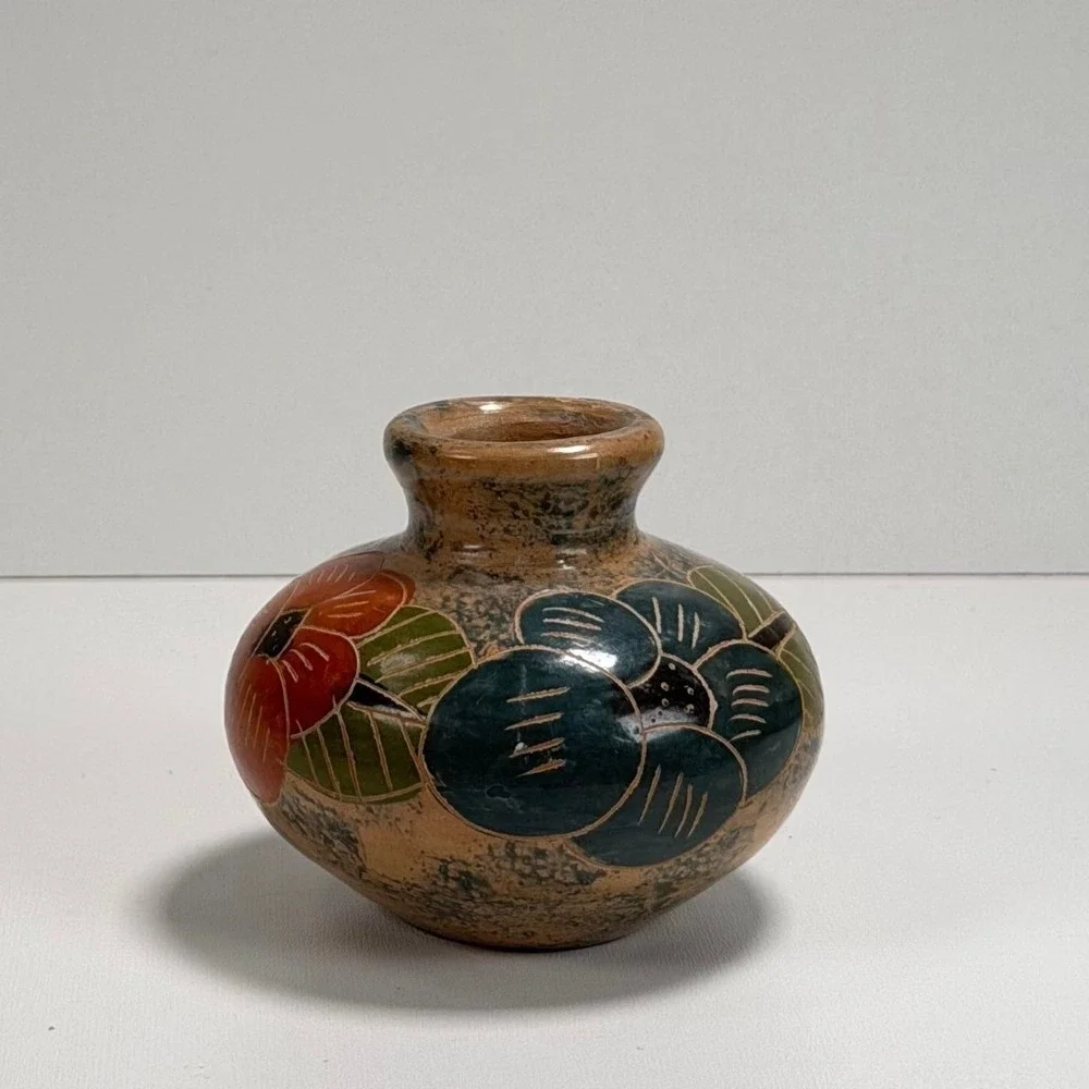 Vintage Floral‎ Pottery Bud Vase Small Multicolor Etched Folk Art Hand Painted